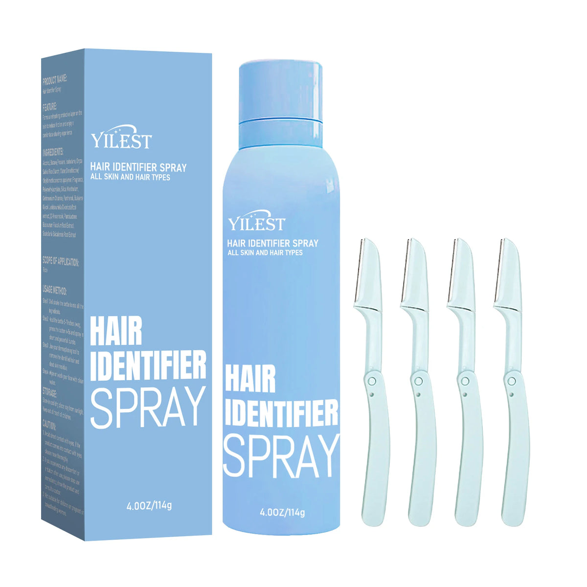 114ML Hair Identifier Spray for Shaving Dermaplaning with 4Pcs Razor Face Hair Removal Hairless Painless Gentle Inhibitor Hair