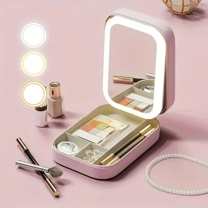 LED Mirror Makeup Storage Box Portable Travel Makeup Case