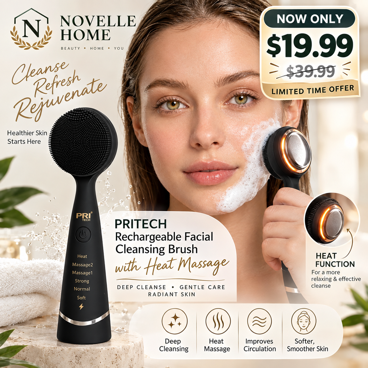 Facial and Nasal Blackhead Cleaner, Silicone Facial Cleansing Brush, Facial Vibration Massage, USB Charging Facial Brush