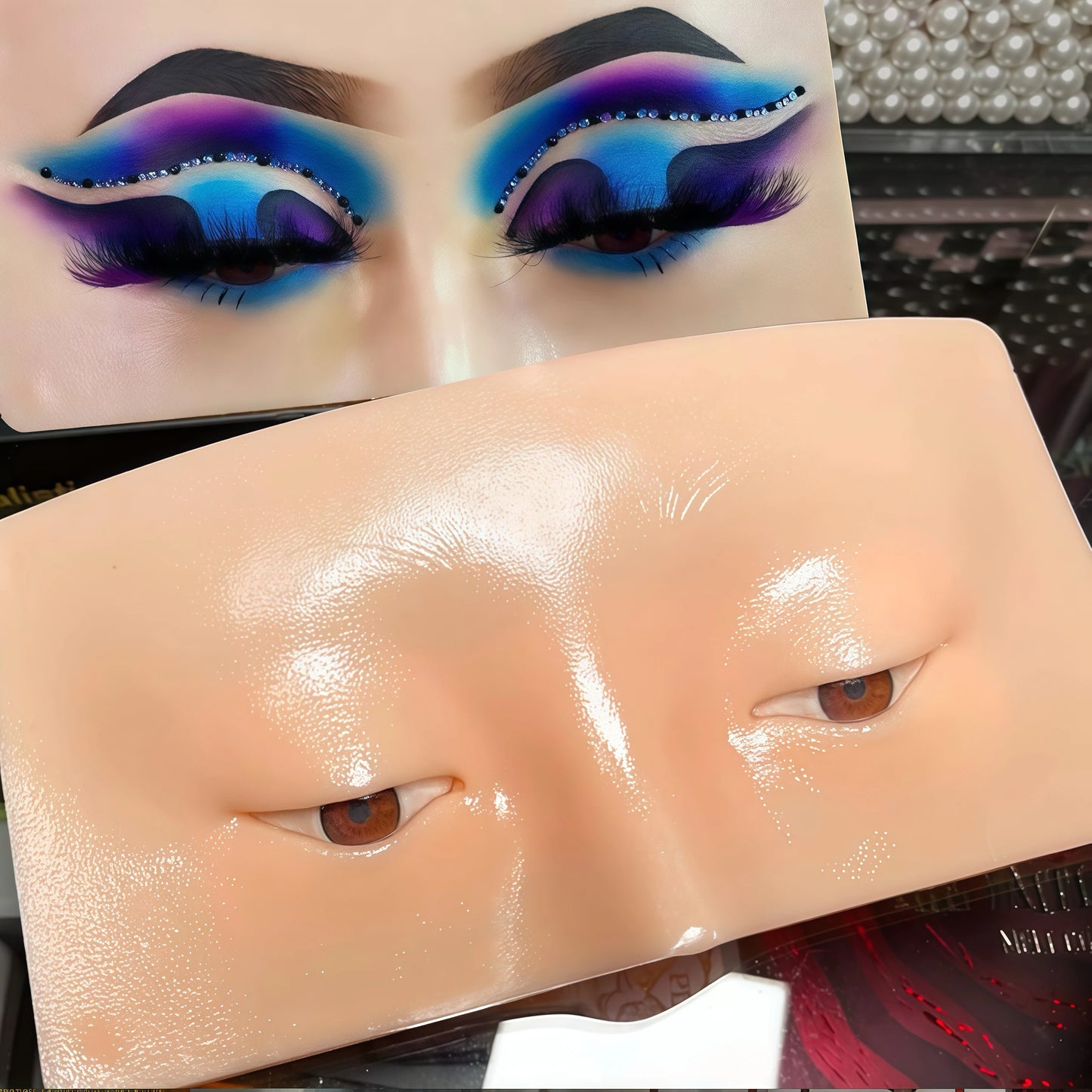 Wheat Silicone Makeup Practice Board with Pearl Stickers and Brushes