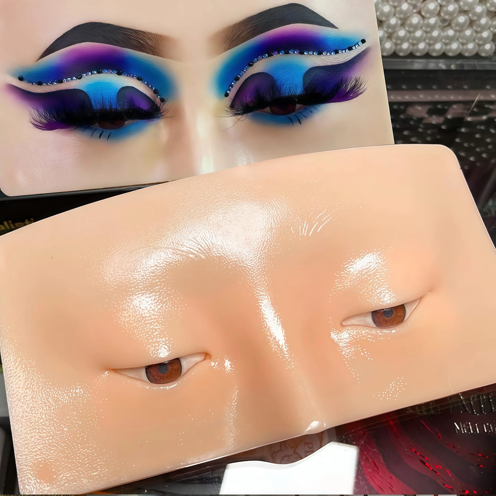Wheat Silicone Makeup Practice Board with Pearl Stickers and Brushes